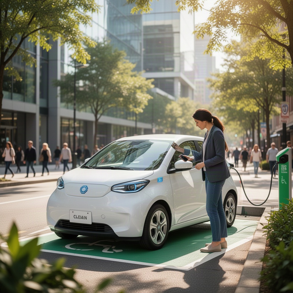 A Zipcar branded vehicle parked in a reserved city spot ready for a member to unlock